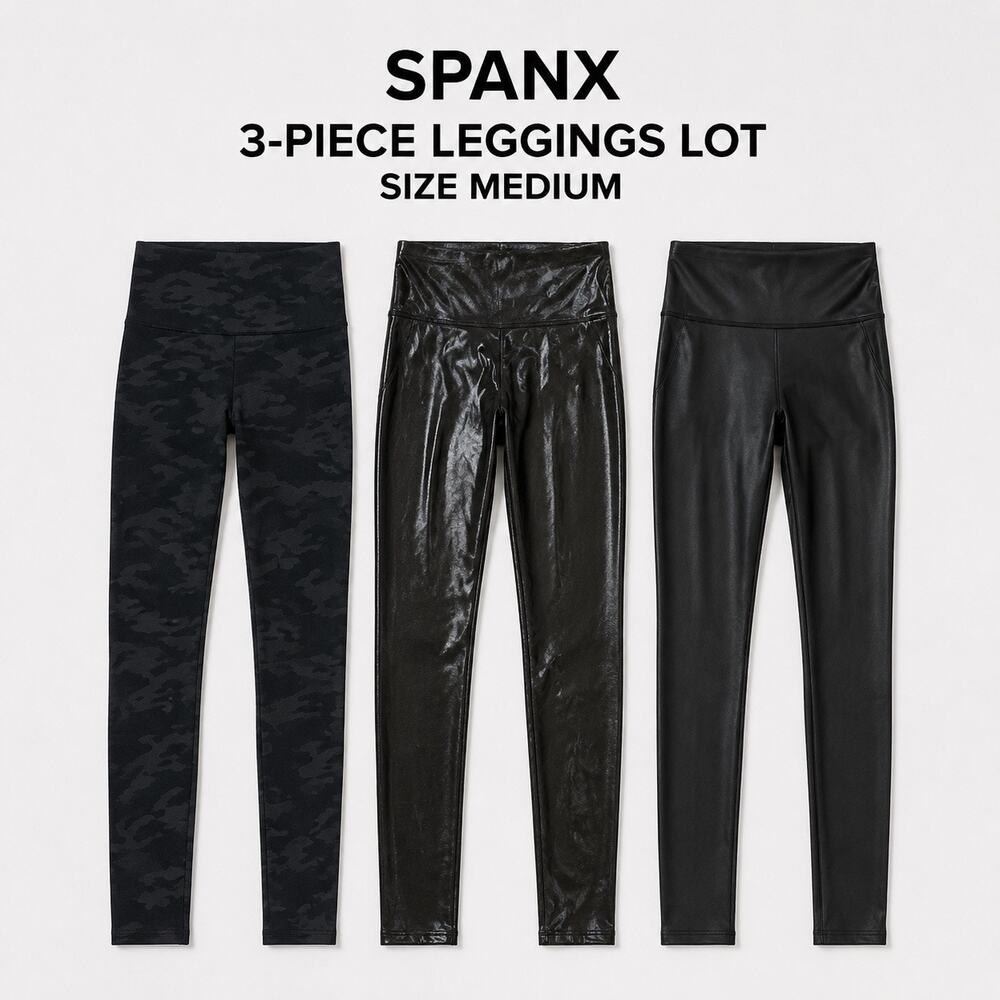 SPANX Womens Medium Leggings Lot of 3 Faux Leather Camo Shiny High Rise